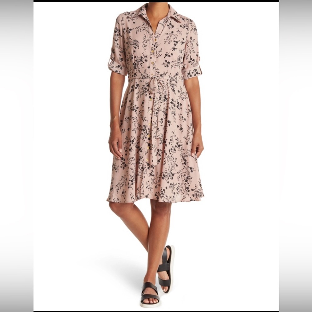 NWOT Dusty rose belted A-line shirt dress floral dress button front waist tie